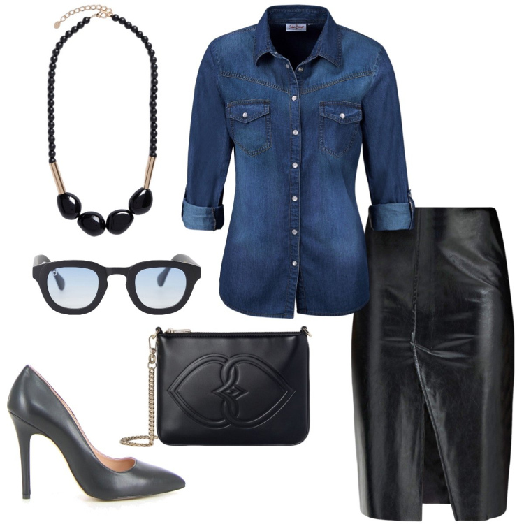 Outfit donna - Aperitivo. Stile Trendy per Serata fuori. Abbinamento con gonne, camicie, occhiali da sole, décolleté, pochette, collane.