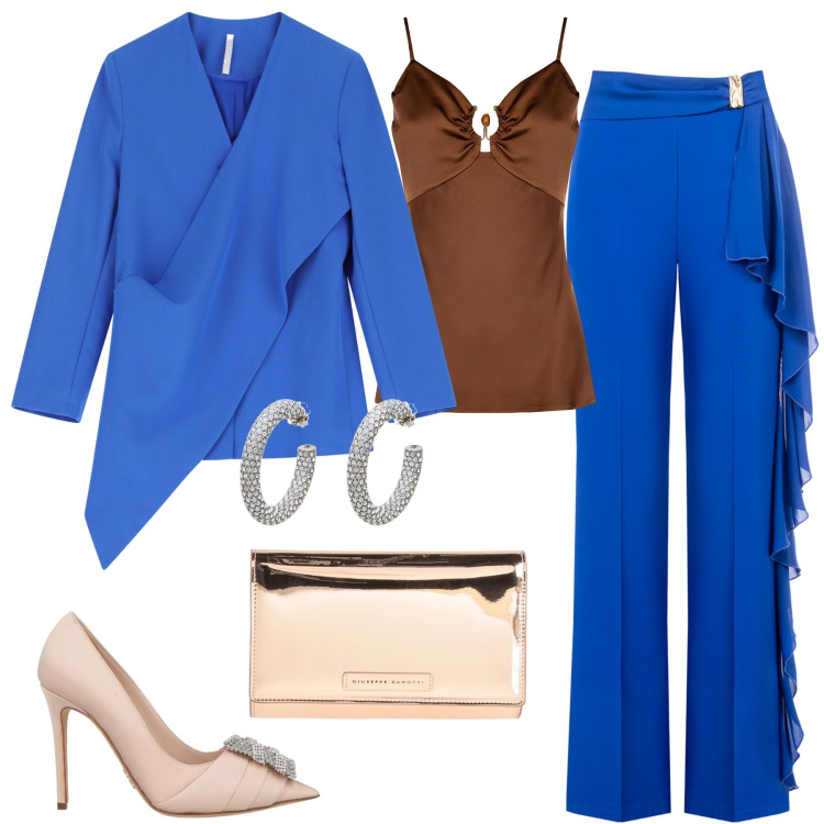 Outfit donna - Tailleur blue. Stile Bon Ton per Cerimonia. Abbinamento con borse a mano, décolleté, orecchini, blazer, top, pantaloni.