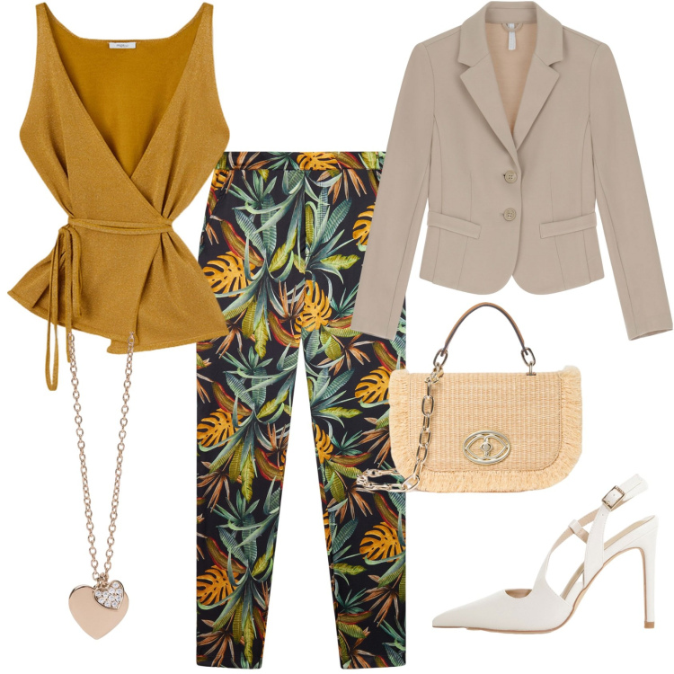 Outfit donna - Jungle. Stile Casual per Tutti i giorni. Abbinamento con ciondoli, blazer, décolleté, pantaloni, top, borse a tracolla.