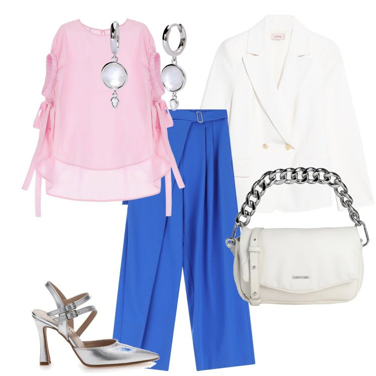Outfit donna - Rosa/ blu/ bianco pomeriggio. Stile Casual chic per Tutti i giorni. Abbinamento con borse a mano, orecchini, camicie a manica corta, pantaloni a palazzo, décolleté, blazer.