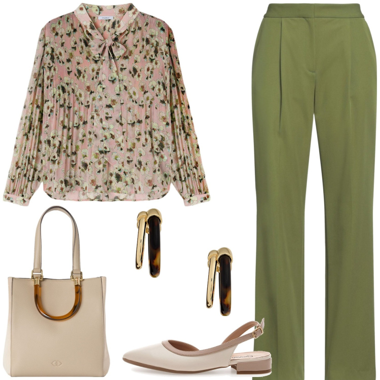 Outfit donna - Blusa a fiori. Stile Casual chic per Tutti i giorni. Abbinamento con pantaloni, orecchini, ballerine, shopping bag, bluse.