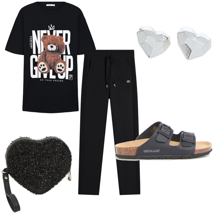 Outfit donna - A casa con amore. Stile Basic per Tutti i giorni. Abbinamento con portafogli, t-shirt, pantaloni, orecchini, ciabatte.