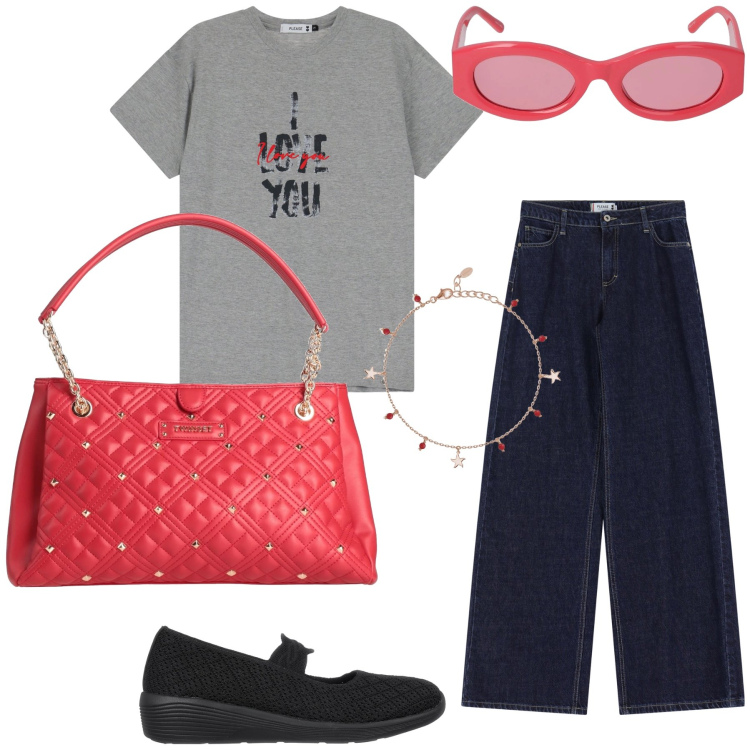 Outfit donna - Al bar. Stile Casual chic per Tutti i giorni. Abbinamento con borse a mano, braccialetti con ciondoli, t-shirt, jeans a zampa, ballerine, occhiali da sole.