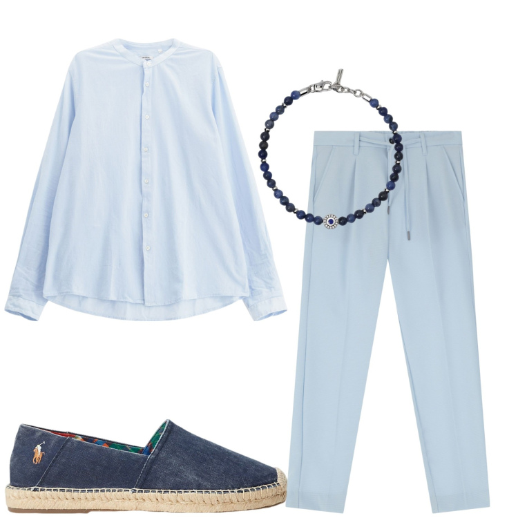 Outfit uomo - Colori del cielo. Stile Casual per Serata speciale. Abbinamento con braccialetti, camicie, pantaloni sportivi, espadrillas.