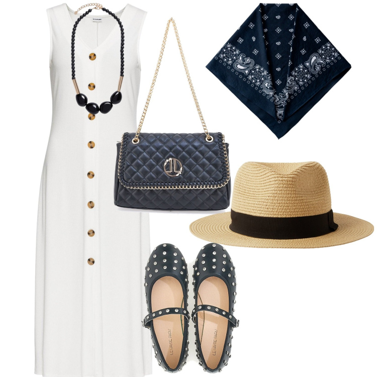 Outfit donna - In costiera amalfitana. per Mare. Abbinamento con vestiti midi/longuette, cappelli, ballerine, borse a tracolla, collane, foulard.