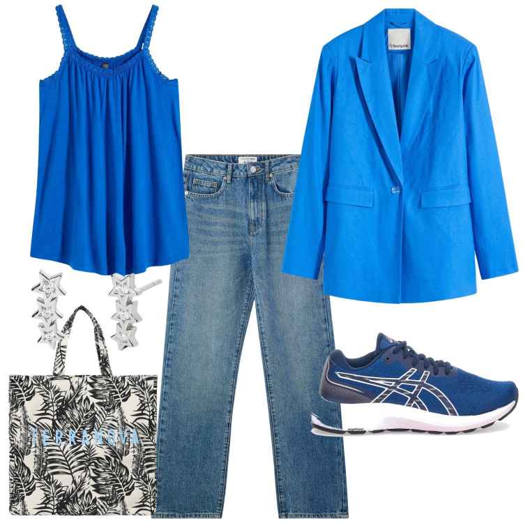 Outfit donna - Sporty chic. Stile Sporty chic per Tutti i giorni. Abbinamento con blazer, top, borse tote, jeans dritti, orecchini, sneakers.