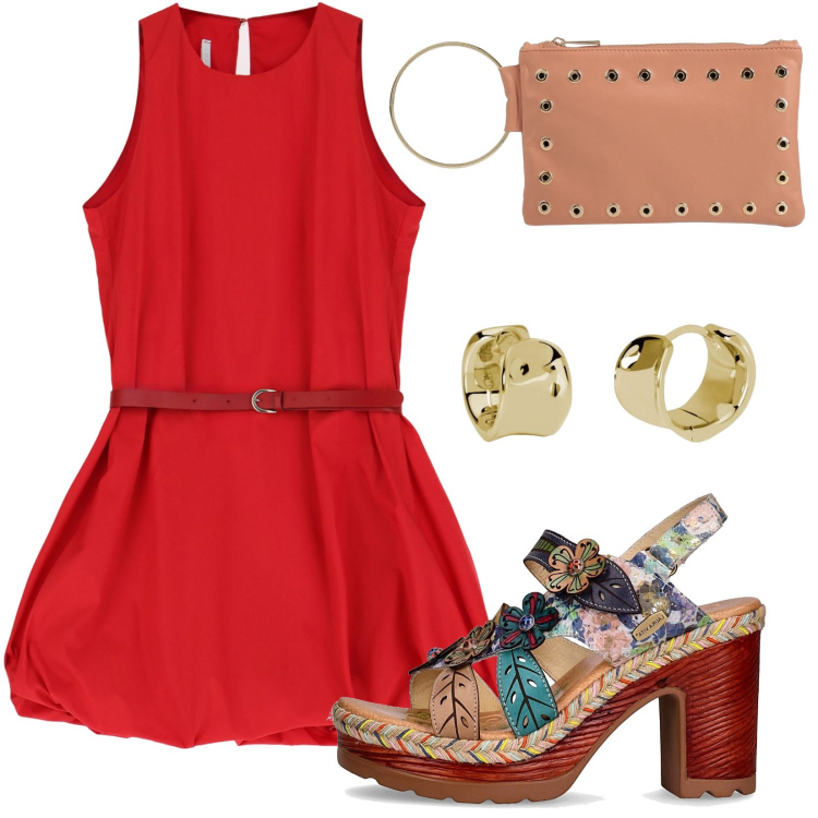 Outfit donna - Il sandalo fantasia. Stile Casual chic per Tutti i giorni. Abbinamento con borse a mano, orecchini, vestiti corti, sandali col tacco.