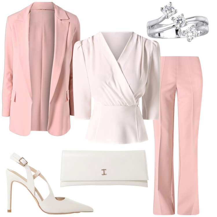 Outfit donna - Total look #2132492. Stile Romantica per Cerimonia. Abbinamento con pochette, décolleté, anelli, bluse, pantaloni, blazer.