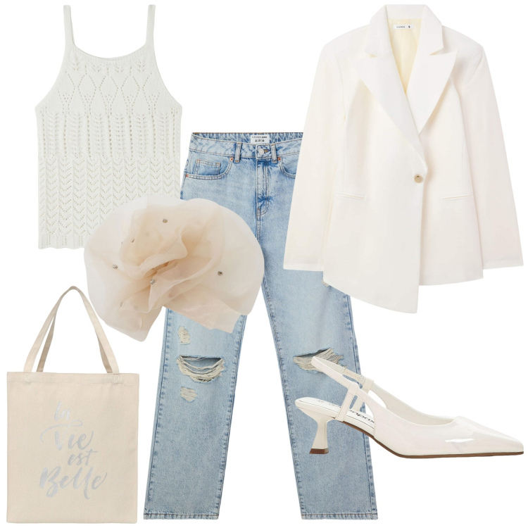Outfit donna - Blazer a un bottone. Stile Casual chic per Serata fuori. Abbinamento con décolleté, jeans strappati, borse tote, blazer, top, foulard.
