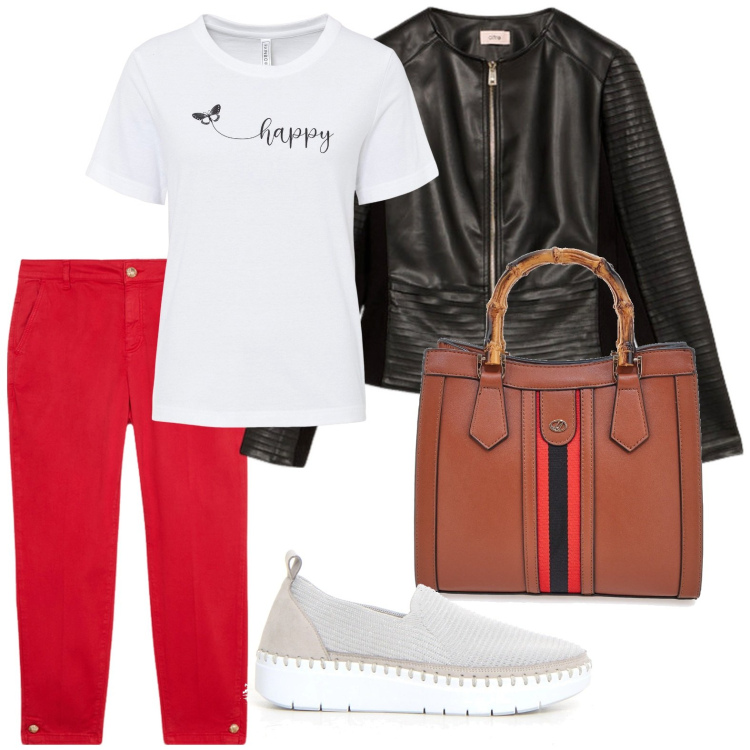 Outfit donna - Happy urban. Stile Glamour per Ufficio. Abbinamento con t-shirt, borse a tracolla, pantaloni, giacche, sneakers.