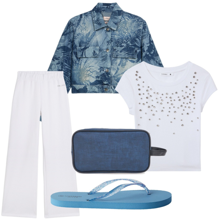 Outfit donna - Lungomare in jeans. Stile Minimal per Tutti i giorni. Abbinamento con infradito, t-shirt, pantaloni, valigie, blazer.