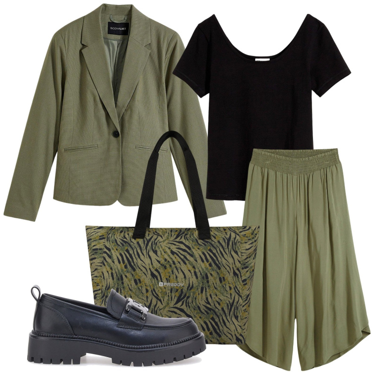 Outfit donna - Giornata comoda. Stile Sporty chic per Tutti i giorni. Abbinamento con t-shirt, blazer, pantaloni culotte, shopping bag, mocassini.