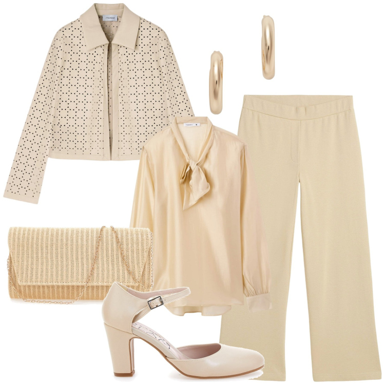 Outfit donna - Beige elegante. Stile Bon Ton per Cerimonia. Abbinamento con pantaloni, bluse, orecchini, décolleté, blazer, pochette.