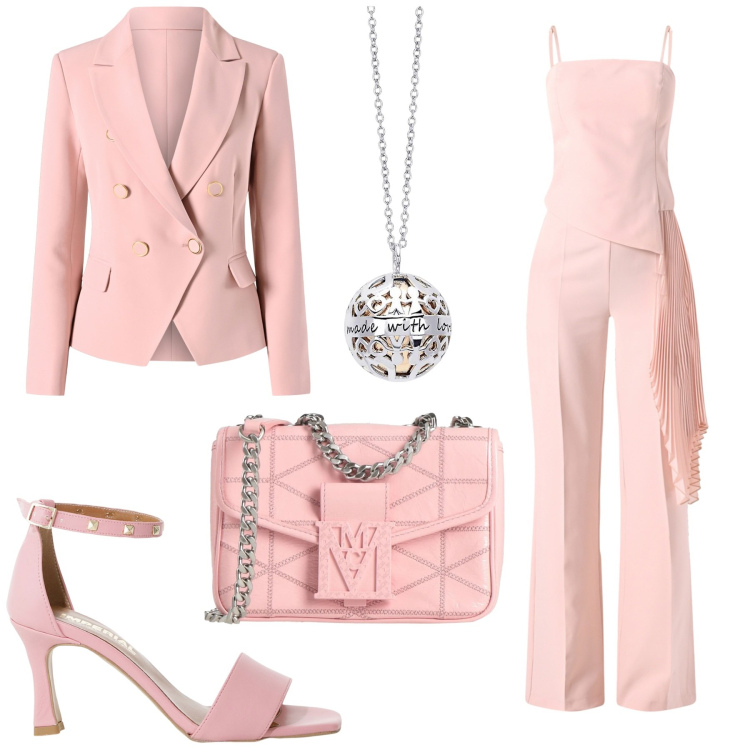 Outfit donna - Total look #2132509. Stile Romantica per Cerimonia. Abbinamento con borse a tracolla, tute, blazer, collane, sandali col tacco.