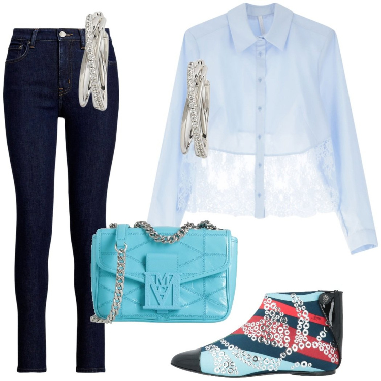 Outfit donna - Happy hour con le amiche. Stile Casual chic per Serata fuori. Abbinamento con borse a tracolla, stivaletti, camicie, jeans skinny, orecchini.
