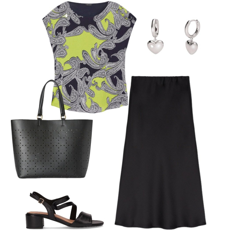 Outfit donna - New Boscaini scarpe. Stile Casual chic per Tutti i giorni. Abbinamento con orecchini, bluse, shopping bag, gonne longuette, sandali col tacco.