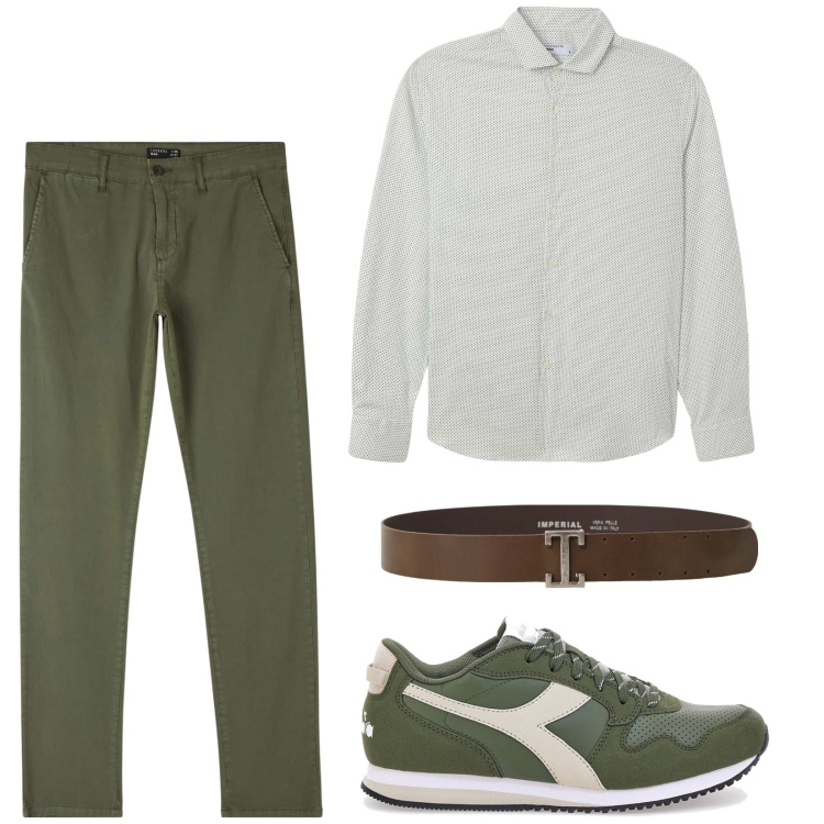 Outfit uomo - Tempo libero. Stile Casual per Tutti i giorni. Abbinamento con pantaloni chino, camicie, cinture, sneakers.