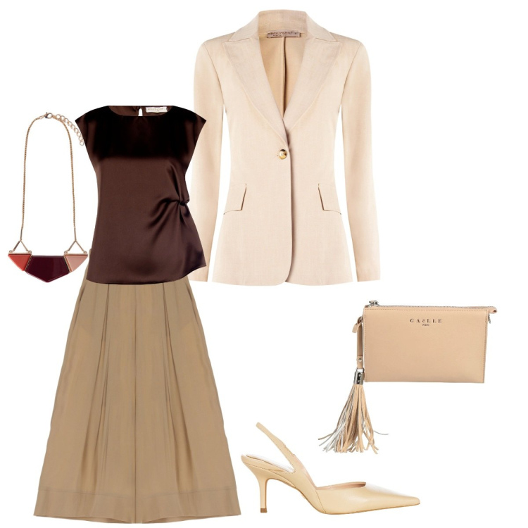 Outfit donna - Semplice. Stile Bon Ton per Cerimonia. Abbinamento con borse a mano, pantaloni, top, blazer, décolleté, ciondoli.