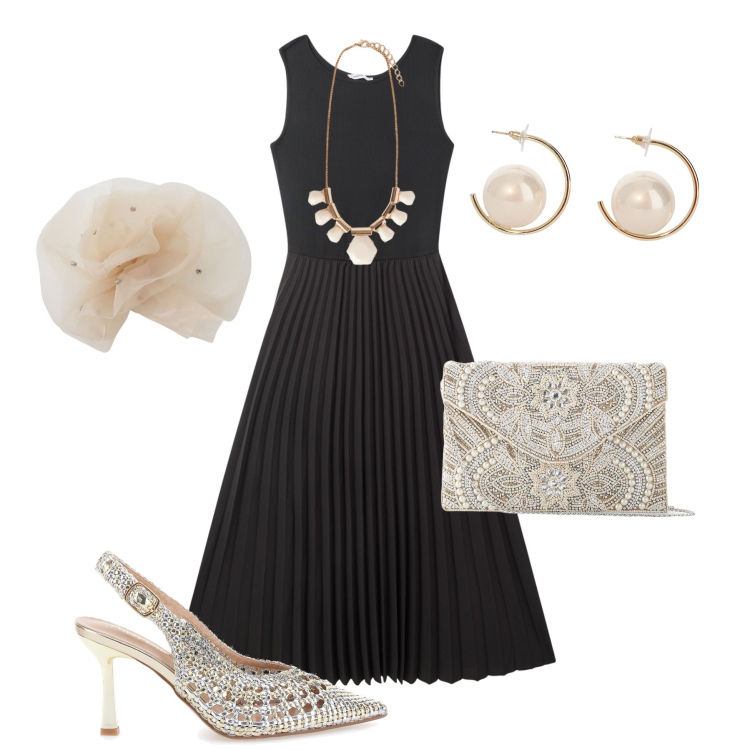 Outfit donna - Serata vintage style. Stile Vintage retrò per Serata fuori. Abbinamento con pochette, vestiti lunghi, orecchini, foulard, décolleté, collane.