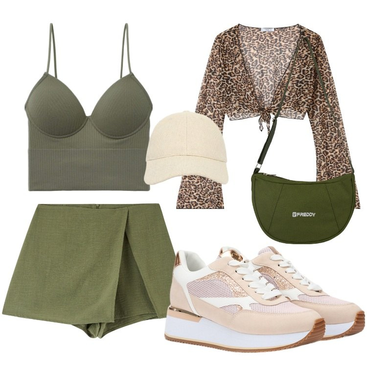 Outfit donna - Giungla cittadina @pamela. Stile Casual per Tutti i giorni. Abbinamento con minigonne, top, cappelli con visiera, bolero, borse a spalla, sneakers.