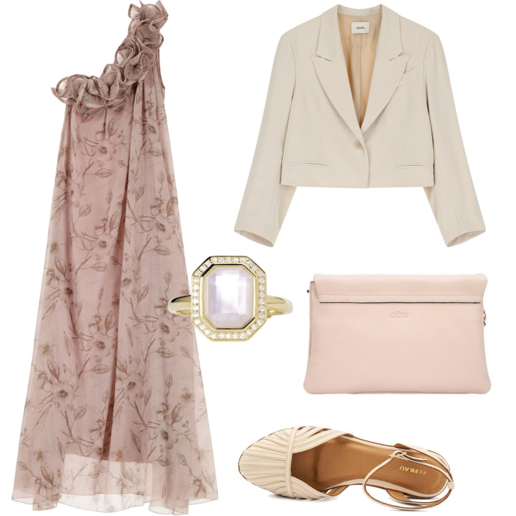Outfit donna - Romantica in primavera. Stile Romantica per Cerimonia. Abbinamento con anelli, blazer, vestiti lunghi, sandali, borse a tracolla.