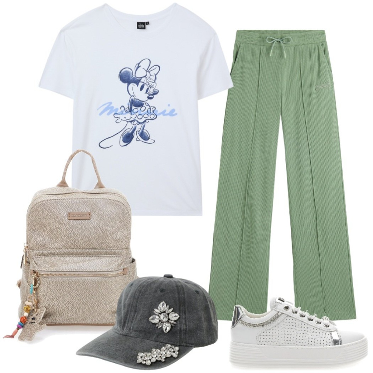 Outfit donna - In gita con la scuola. Stile Sporty chic per Tutti i giorni. Abbinamento con t-shirt, pantaloni, cappelli, sneakers, zaini.