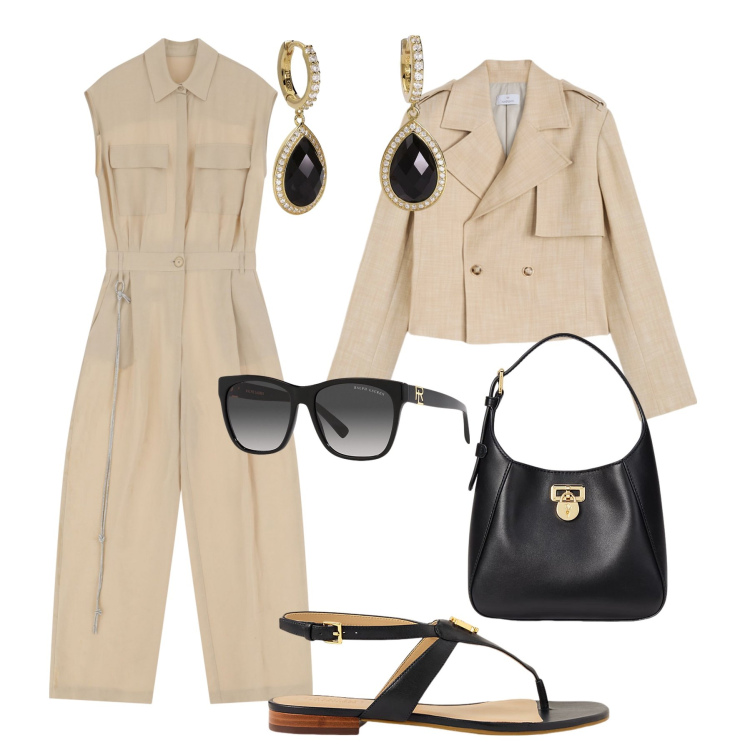 Outfit donna - Jumpsuite trend in città. Stile Casual chic per Tutti i giorni. Abbinamento con orecchini, tute, occhiali da sole, borse a tracolla, sandali, blazer.