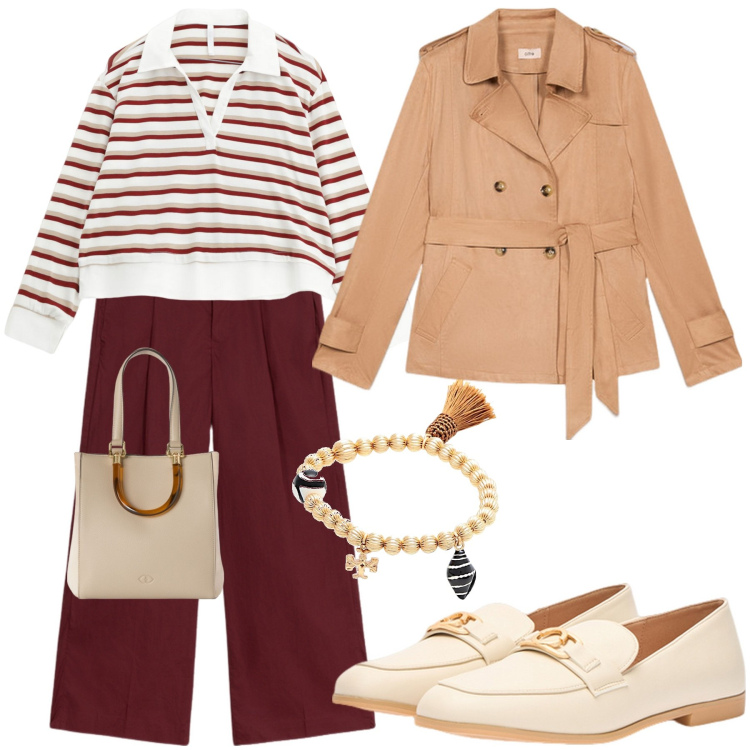 Outfit donna - Terramia. Stile Casual chic per Tutti i giorni. Abbinamento con braccialetti, maglieria, shopping bag, trench, mocassini, pantaloni a palazzo.