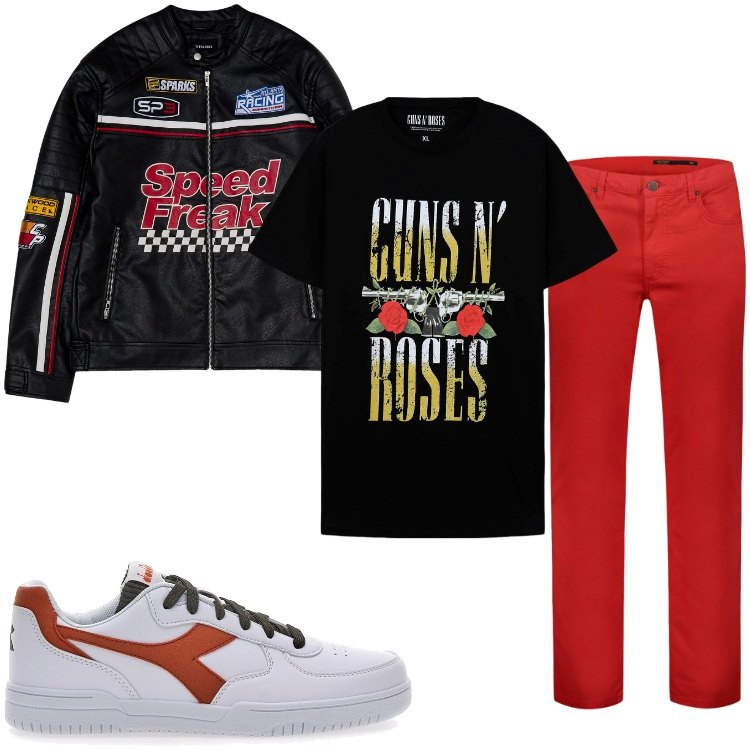 Outfit uomo - Casual rock. Stile Biker Rock per Tutti i giorni. Abbinamento con t-shirt, giacche, pantaloni, sneakers.
