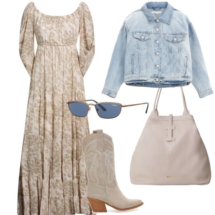 Outfit donna - Stile country. Stile Trendy per Tutti i giorni. Abbinamento con occhiali da sole, vestiti lunghi, blazer, borse tote, stivaletti texani.