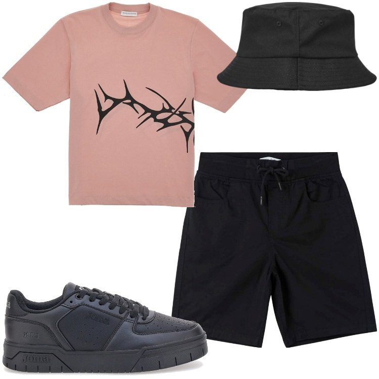 Outfit uomo - Casual tribale. Stile Casual per Tutti i giorni. Abbinamento con cappelli, shorts, sneakers, t-shirt.