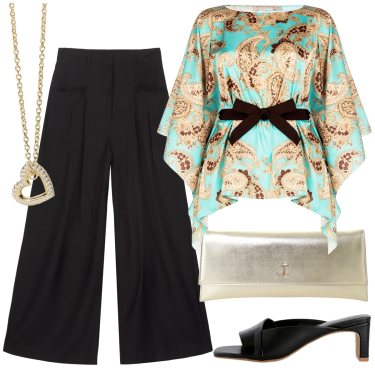 Outfit donna - Un cuore per te. Stile Chic per Serata fuori. Abbinamento con pochette, collane, bluse, pantaloni, sabot.