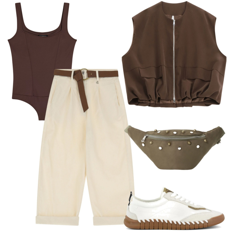 Outfit donna - Strong & Mannish. Stile Casual per Tutti i giorni. Abbinamento con blazer, marsupi, pantaloni, body, sneakers.