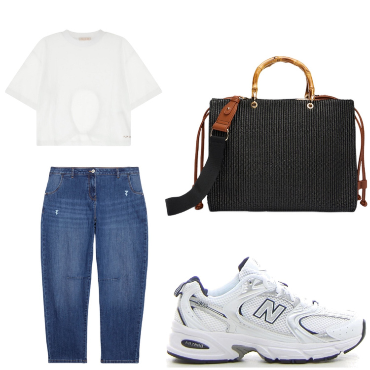 Outfit donna - Aperitivo. Stile Trendy per Tutti i giorni. Abbinamento con t-shirt, jeans strappati, borse a mano, sneakers.
