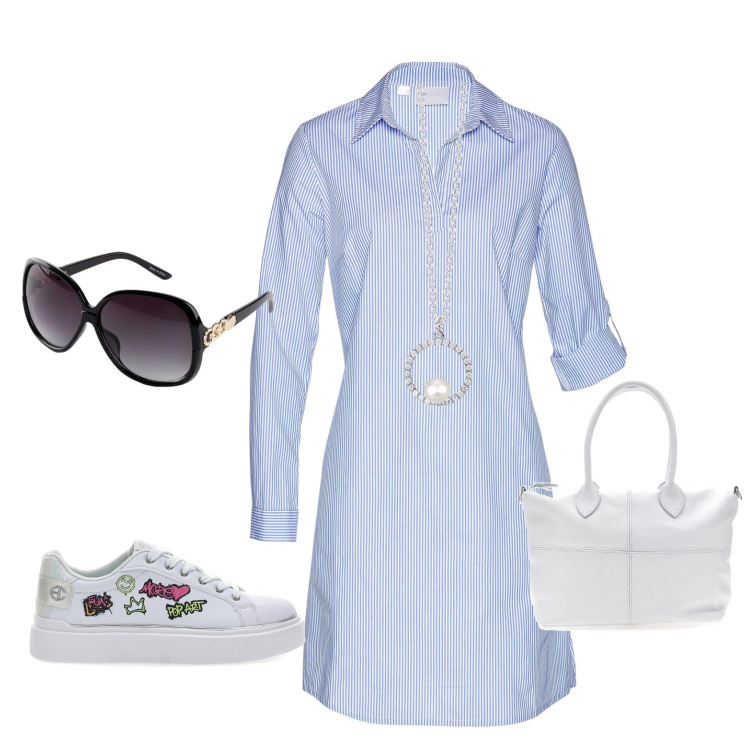 Outfit donna - Casual ufficio. Stile Casual per Tutti i giorni. Abbinamento con occhiali da sole, vestiti chemisier, collane, sneakers, borse a mano.