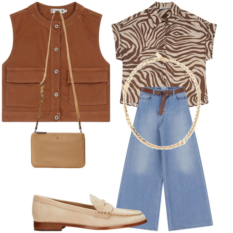 Outfit donna - Total look #2132615. Stile Trendy per Tutti i giorni. Abbinamento con collane, gilet, camicie a manica corta, jeans, borse a tracolla, mocassini.