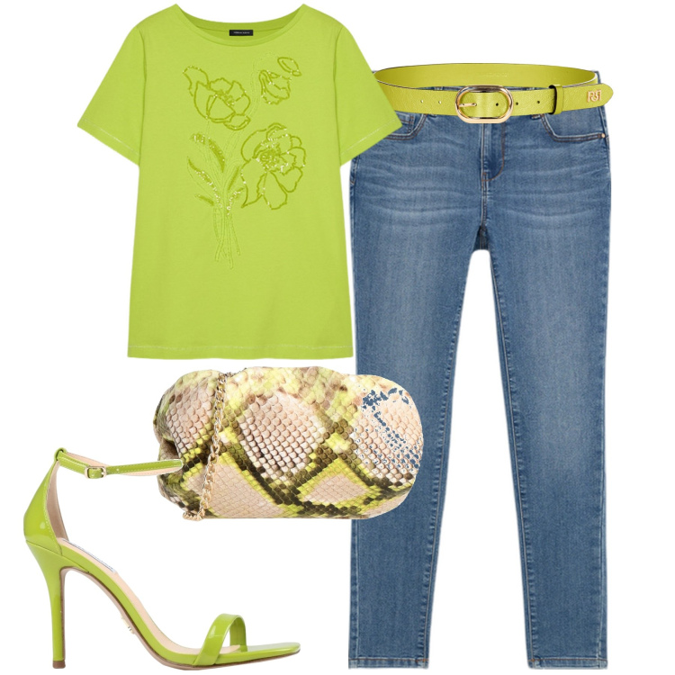 Outfit donna - City. Stile Urban per Tutti i giorni. Abbinamento con borse a tracolla, sandali col tacco, cinture, t-shirt, jeans skinny.