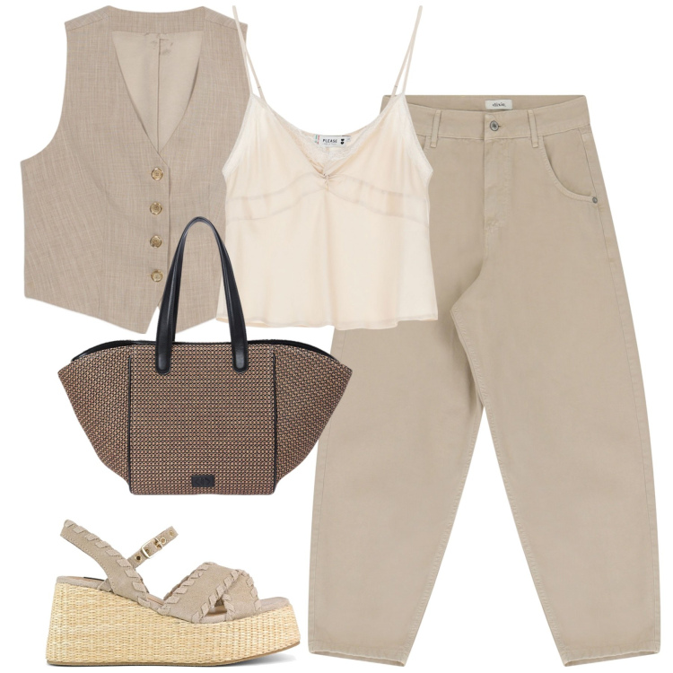 Outfit donna - City. Stile Urban per Tutti i giorni. Abbinamento con top, jeans, zeppe, gilet, shopping bag.