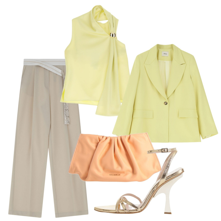 Outfit donna - Pastello. Stile Chic per Cerimonia. Abbinamento con borse a mano, top, pantaloni, blazer, sandali col tacco.