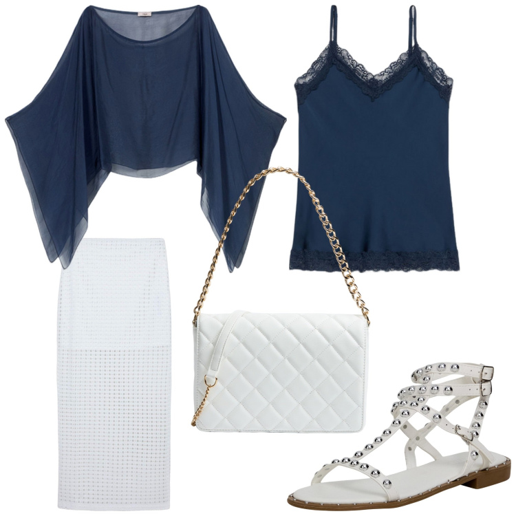 Outfit donna - Bianco e blu. Stile Casual chic per Serata fuori. Abbinamento con gonne lunghe, sandali, borse a tracolla, top, bolero.