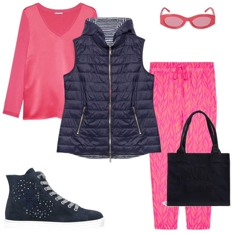 Outfit donna - Coloriamo la giornata. Stile Casual chic per Tutti i giorni. Abbinamento con sneakers alte, t-shirt, pantaloni, occhiali da sole, shopping bag, piumini.
