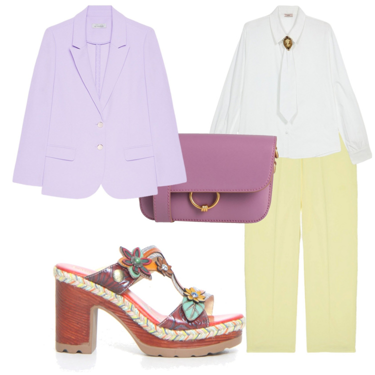 Outfit donna - Pastello la mia passione. Stile Glamour look ideale per Tall. Abbinamento con borse a tracolla, pantaloni, blazer, camicie, ciabatte.