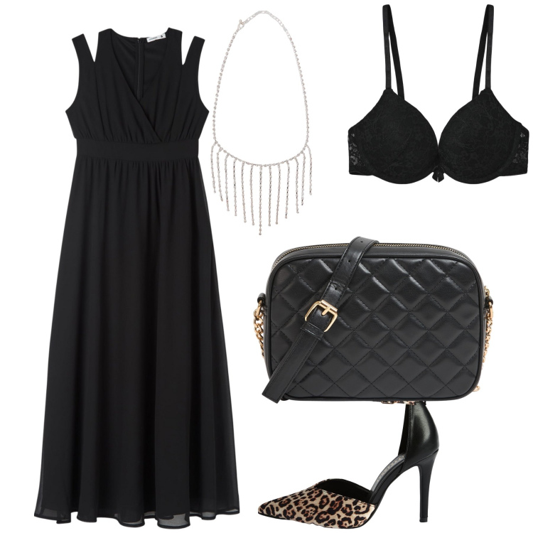 Outfit donna - Cocktail in Terranova. Stile Glamour per Serata fuori. Abbinamento con vestiti lunghi, décolleté, borse a tracolla, collane, reggiseni push-up.