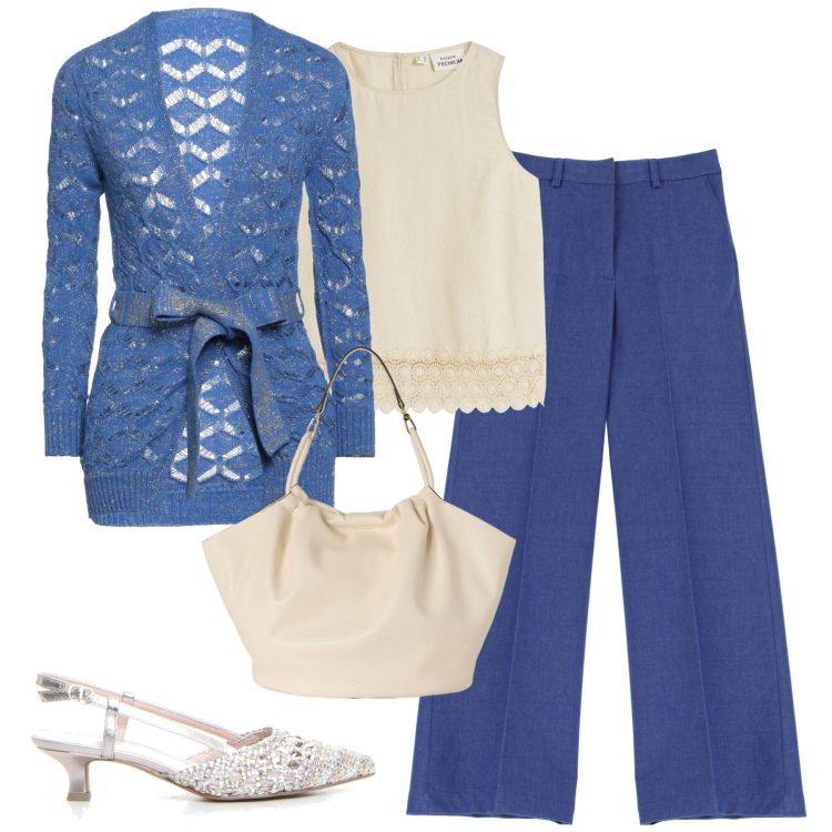 Outfit donna - City. Stile Urban per Tutti i giorni. Abbinamento con top, cardigans, pantaloni a palazzo, borse a secchiello, sandali col tacco.
