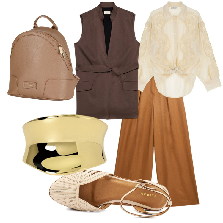 Outfit donna - Brown. Stile Casual per Serata fuori. look ideale per Petite. Abbinamento con zaini, anelli, camicie, sandali, gilet, pantaloni a palazzo.