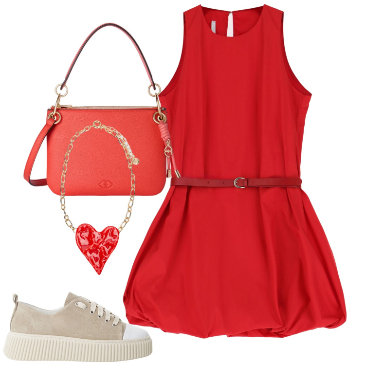 Outfit donna - Il vestito rosso. Stile Trendy per Tutti i giorni. Abbinamento con sneakers, vestiti corti, ciondoli, borse a tracolla.