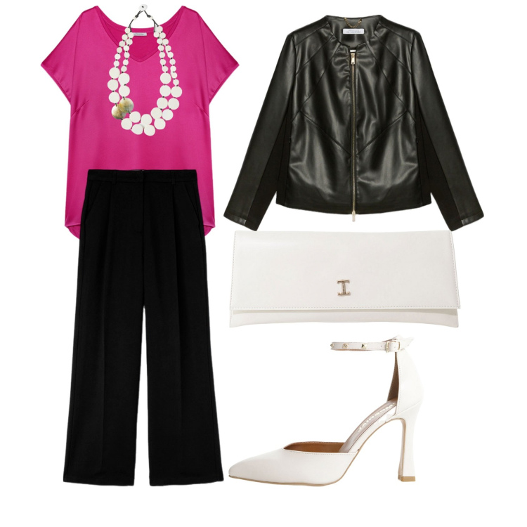 Outfit donna - Total look #2132694. Stile Casual chic per Serata fuori. Abbinamento con décolleté, pochette, t-shirt, blazer, ciondoli, pantaloni a palazzo.