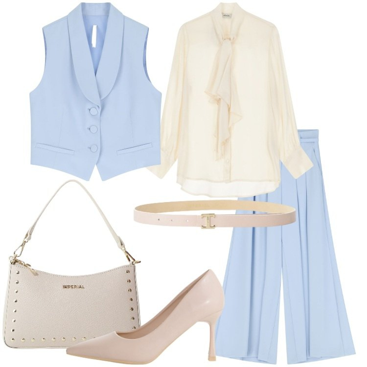 Outfit donna - Color cielo - @ambrosiajsi. Stile Chic per Cerimonia. Abbinamento con décolleté, pantaloni, cinture, borse a spalla, gilet, bluse.