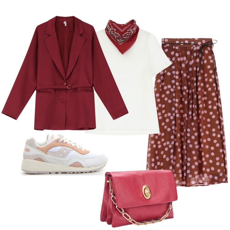 Outfit donna - In città. Stile Minimal per Tutti i giorni. Abbinamento con blazer, t-shirt, gonne lunghe, sneakers, borse a tracolla.