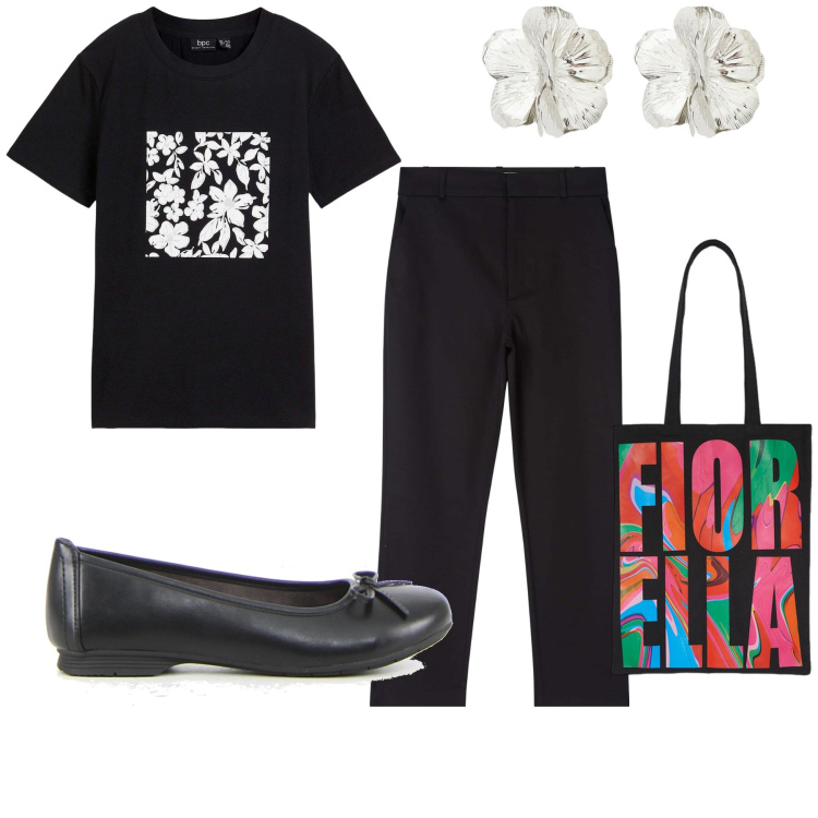 Outfit donna - Fiori sul nero. Stile Basic per Tutti i giorni. Abbinamento con t-shirt, pantaloni chino, orecchini, borse tote, ballerine.